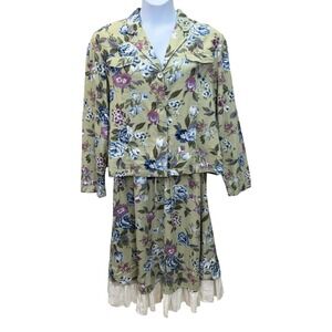 White Stag Skirt Set Womens 16P Green Floral Linen Rayon Two Piece Outfit